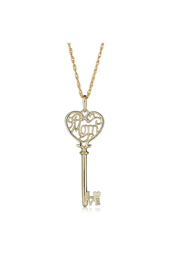 AVORA 10K Yellow Gold Heart Key with "MOM" Pendant Necklace with 18" Chain