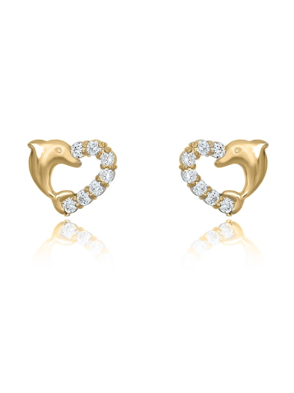 AVORA 10K Yellow Gold Heart With Dolphin Simulated Diamond CZ Stud Earrings