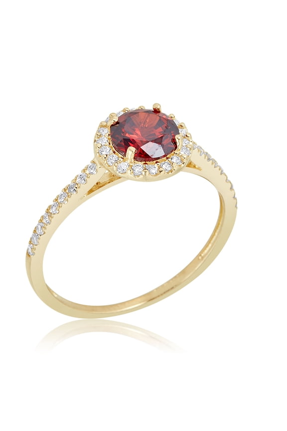 AVORA 10K Yellow Gold January Birthstone-Genuine Garnet with Simulated Diamond CZ Halo Fashion Ring - Size 6
