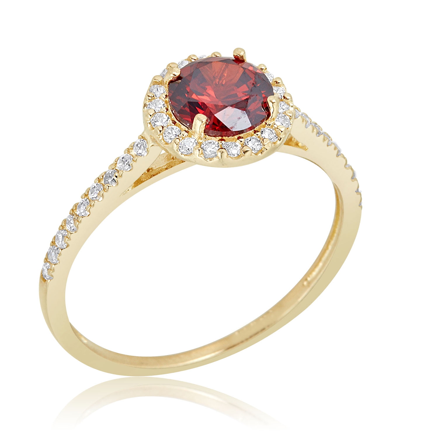 AVORA 10K Yellow Gold January Birthstone-Genuine Garnet with Simulated Diamond CZ Halo Fashion Ring  - Size 7