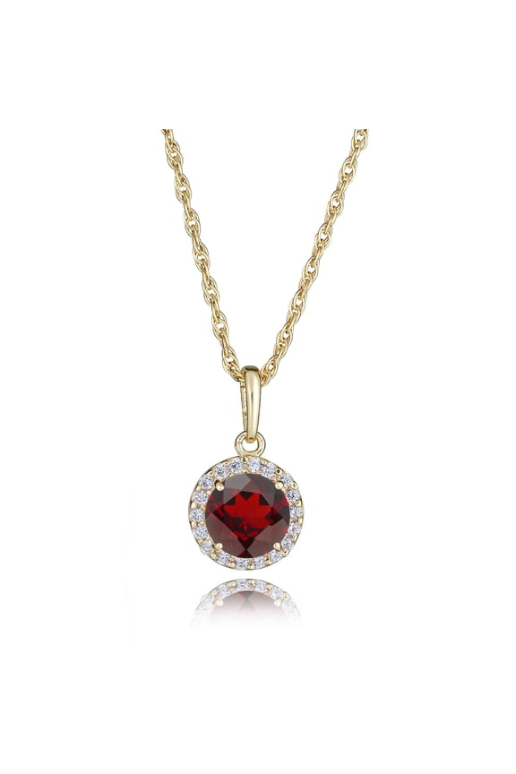 AVORA 10K Yellow Gold January Birthstone-Genuine Garnet with Simulated Diamond CZ Halo Pendant Necklace with 18" Chain