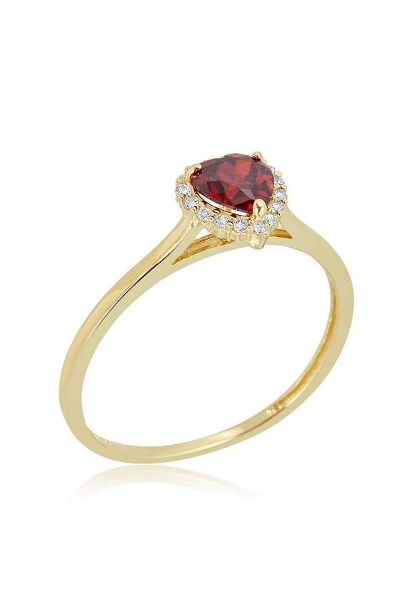 AVORA 10K Yellow Gold January Birthstone-Genuine Garnet with Simulated Diamond CZ Heart Halo Fashion Ring - Size 6