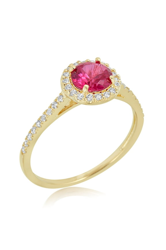 AVORA 10K Yellow Gold July Birthstone- Ruby with Simulated Diamond CZ Halo Fashion Ring - Size 6