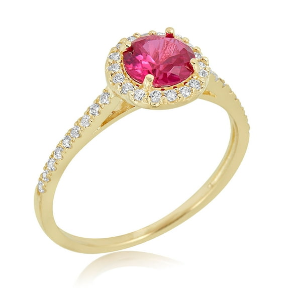 AVORA 10K Yellow Gold July Birthstone- Ruby with Simulated Diamond CZ Halo Fashion Ring - Size 8