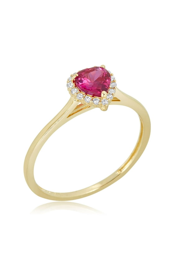 AVORA 10K Yellow Gold July Birthstone- Ruby with Simulated Diamond CZ Heart Halo Fashion Ring - Size 7