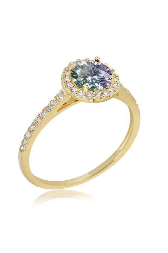AVORA 10K Yellow Gold June Birthstone- Alexandrite with Simulated Diamond CZ Halo Fashion Ring  - Size 6.5