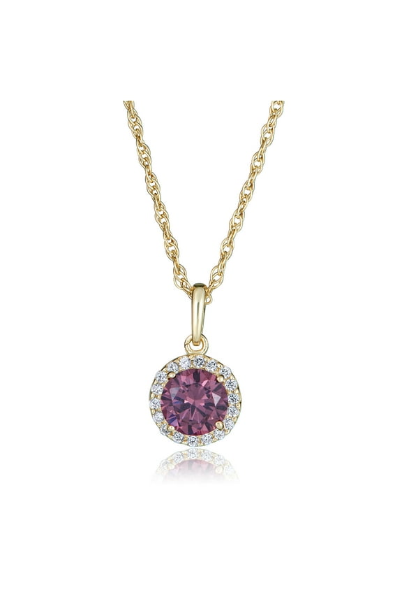 AVORA 10K Yellow Gold June Birthstone- Alexandrite with Simulated Diamond CZ Halo Pendant Necklace with 18" Chain