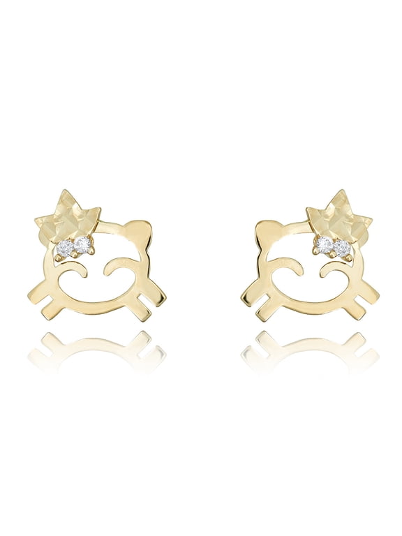 AVORA 10K Yellow Gold Kitty Cat Simulated Diamond CZ Stud Earrings