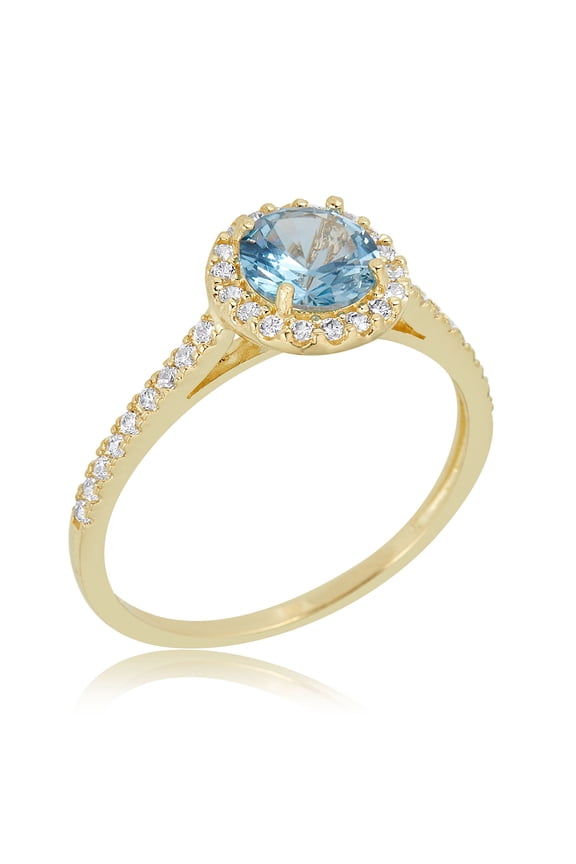 AVORA 10K Yellow Gold March Birthstone- Aquamarine with Simulated Diamond CZ Halo Fashion Ring  - Size 6.5