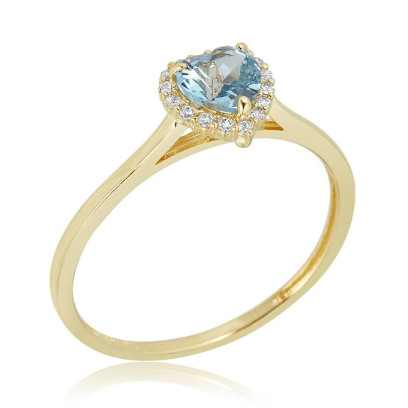 AVORA 10K Yellow Gold March Birthstone- Aquamarine with Simulated Diamond CZ Heart Halo Fashion Ring - Size 6