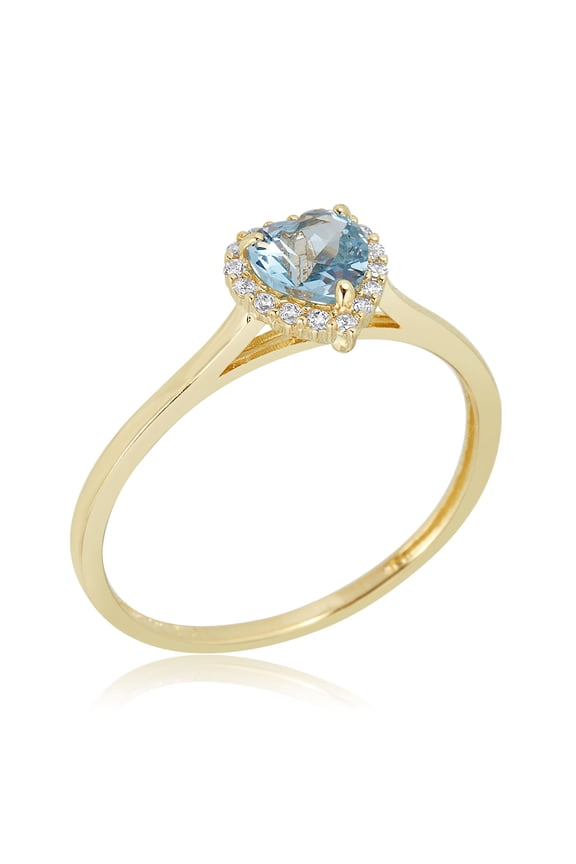 AVORA 10K Yellow Gold March Birthstone- Aquamarine with Simulated Diamond CZ Heart Halo Fashion Ring - Size 8
