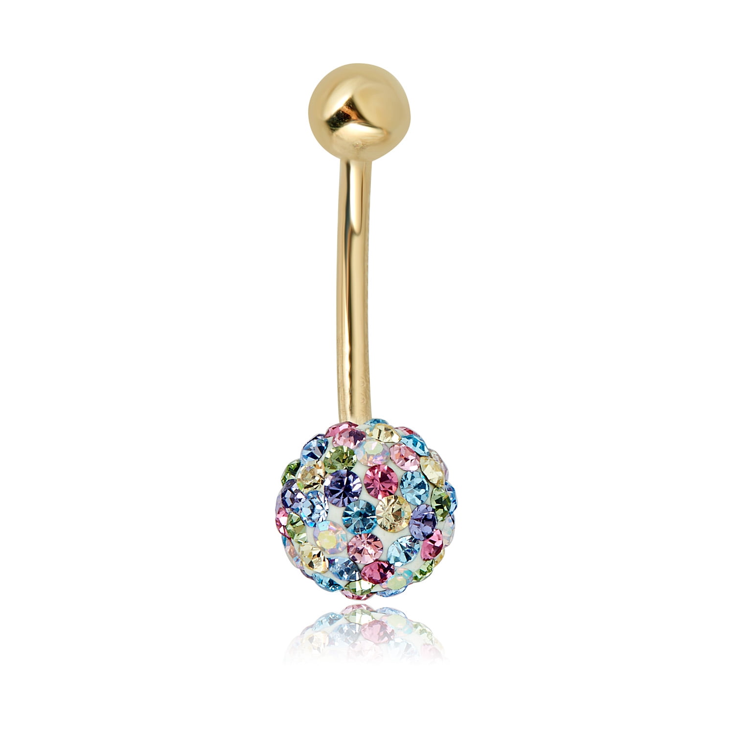 AVORA 10K Yellow Gold Multi-color  Crystal Ball Belly Button Ring Body Jewelry (14 Gauge)