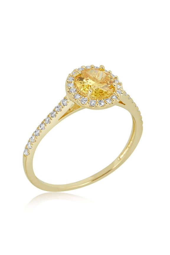 AVORA 10K Yellow Gold November Birthstone-Genuine Citrine with Simulated Diamond CZ Halo Fashion Ring - Size 6