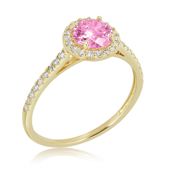AVORA 10K Yellow Gold October Birthstone- Pink Sapphire with Simulated Diamond CZ Halo Fashion Ring - Size 7.5