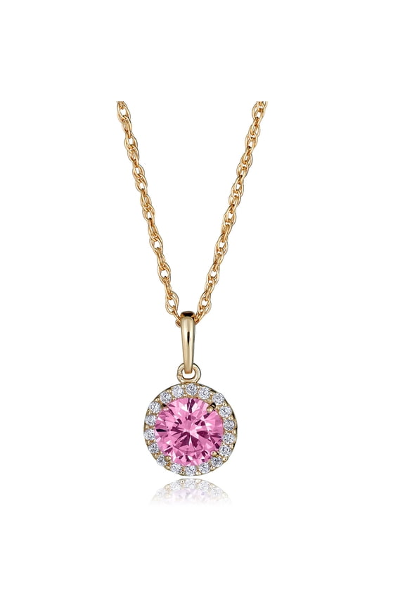 AVORA 10K Yellow Gold October Birthstone- Pink Sapphire with Simulated Diamond CZ Halo Pendant Necklace with 18" Chain