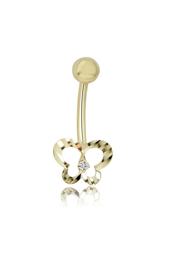 AVORA 10K Yellow Gold Open Butterfly 0.02 CT Genuine Diamond Belly Button Ring Body Jewelry (14 Gauge)