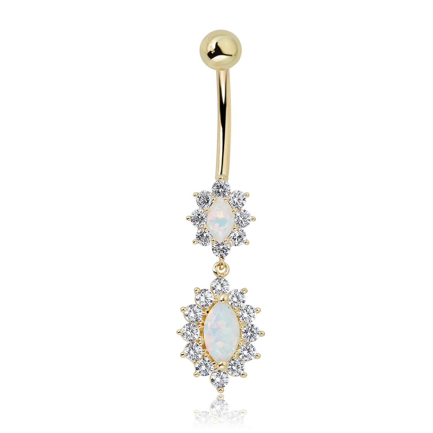 AVORA 10K Yellow Gold Oval Simulated Opal and Simulated Diamond CZ Dangle Belly Button Ring Body Jewelry (14 Gauge)