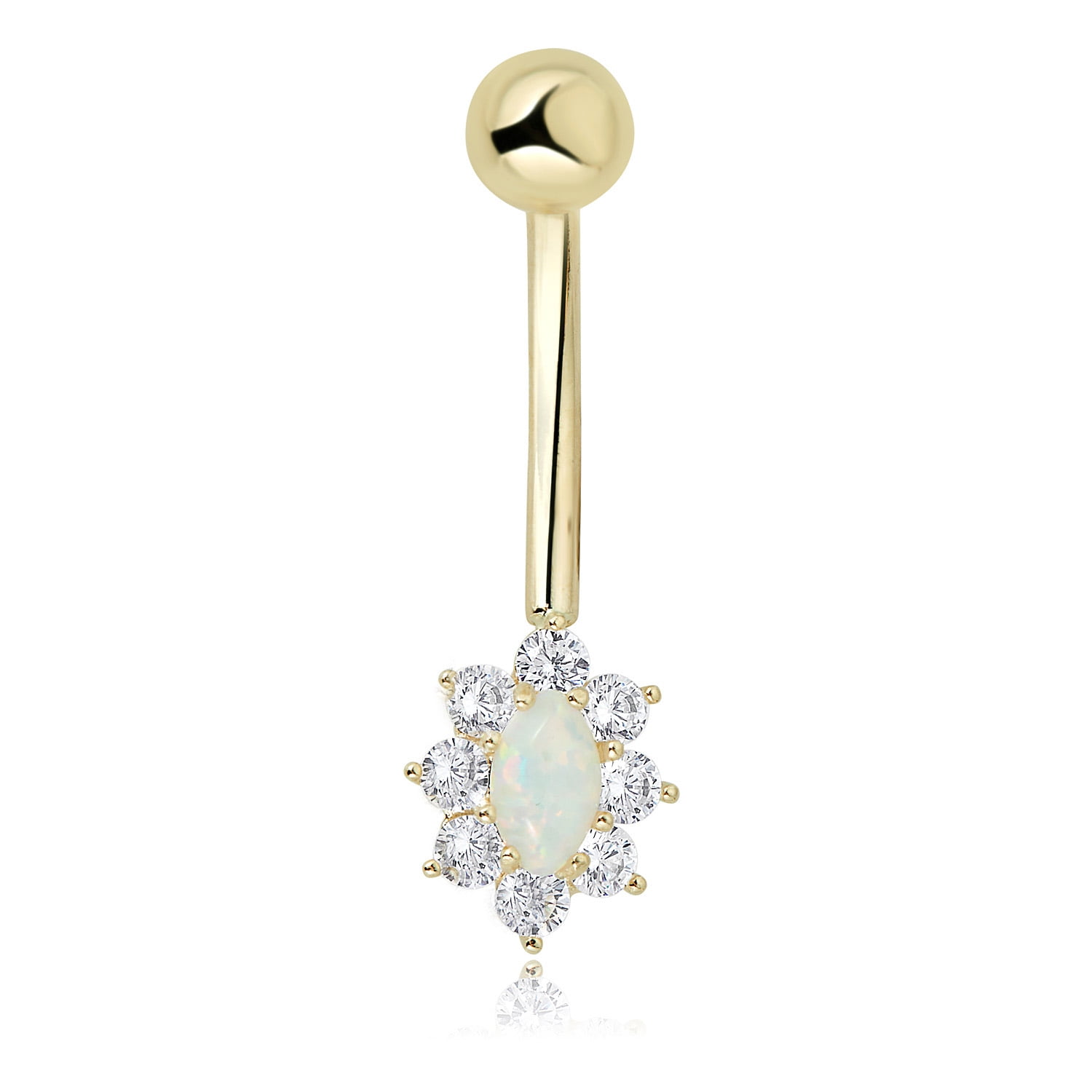 AVORA 10K Yellow Gold Oval-shaped Simulated Opal and Simulated Diamond CZ Belly Button Ring Body Jewelry (14 Gauge)