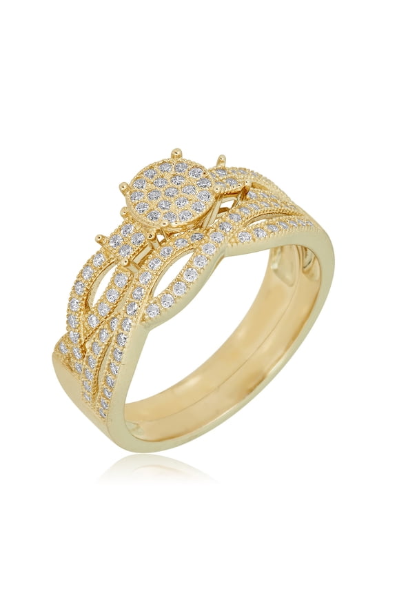 AVORA 10K Yellow Gold Pave Simulated Diamond CZ Infinity Anniversary Bridal Engagement Wedding Band Ring Set  - Size 8