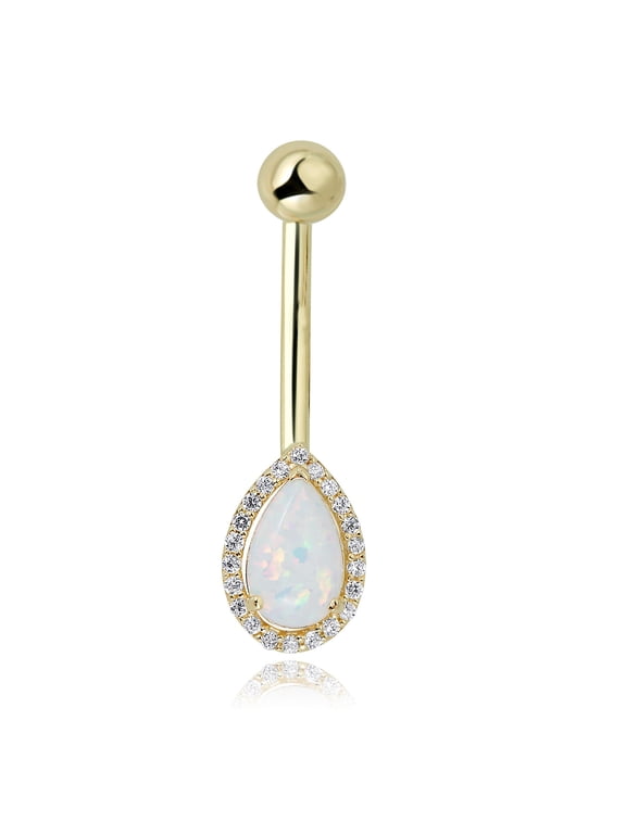 AVORA 10K Yellow Gold Pear-shaped Simulated Opal with Simulated Diamond CZ Halo Belly Button Ring Body Jewelry (14 Gauge) - Size 0