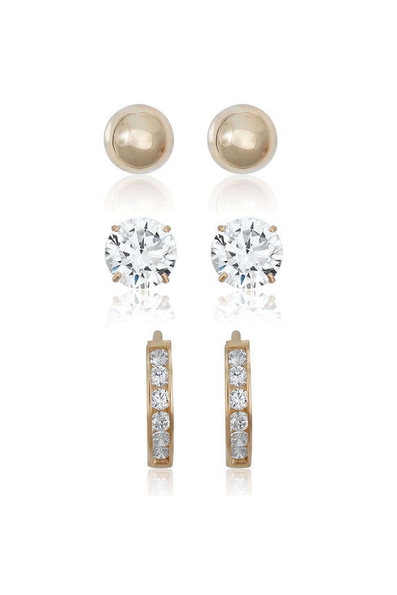 AVORA 10K Yellow Gold Polished Ball, Simulated Diamond CZ Studs and Huggie Hoops - Three Pair Earrings Set