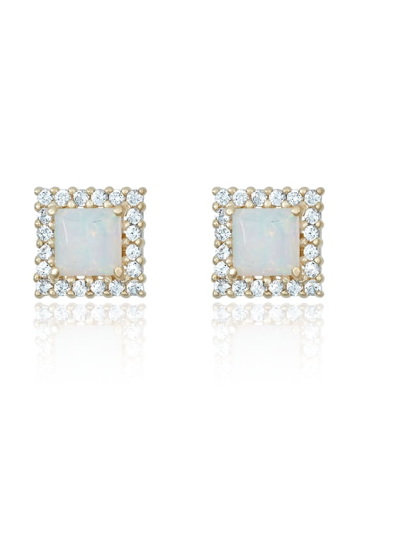 AVORA 10K Yellow Gold Princess-cut Simulated Opal and Simulated Diamond CZ Halo Stud Earrings