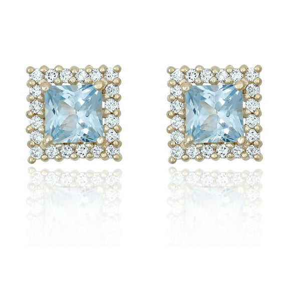 AVORA 10K Yellow Gold Princess-cut created Aquamarine and Simulated Diamond CZ Halo Stud Earrings