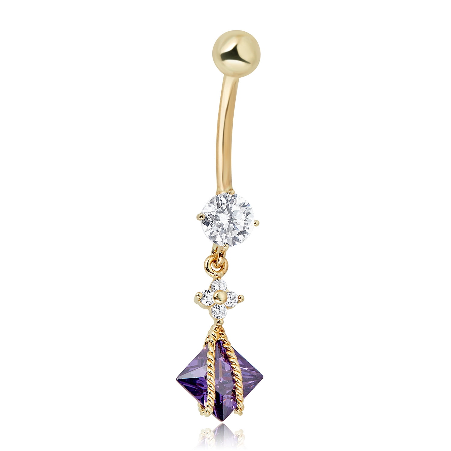 AVORA 10K Yellow Gold Purple Square-cut Simulated Diamond CZ Flower Dangling Belly Button Ring Body Jewelry (14 Gauge)