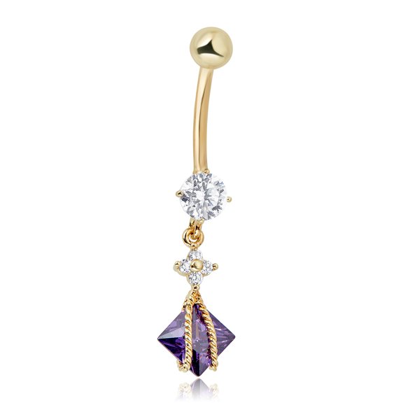AVORA 10K Yellow Gold Purple Square-cut Simulated Diamond CZ Flower Dangling Belly Button Ring Body Jewelry (14 Gauge)