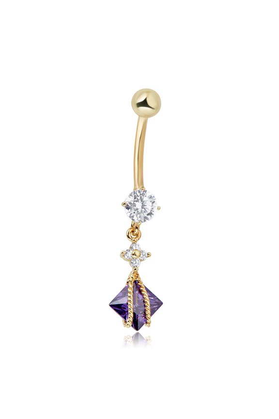 AVORA 10K Yellow Gold Purple Square-cut Simulated Diamond CZ Flower Dangling Belly Button Ring Body Jewelry (14 Gauge)