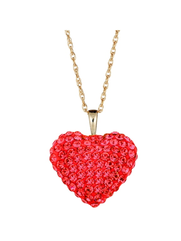 AVORA 10K Yellow Gold Red Crystal Heart Pendant Necklace with 18" Chain