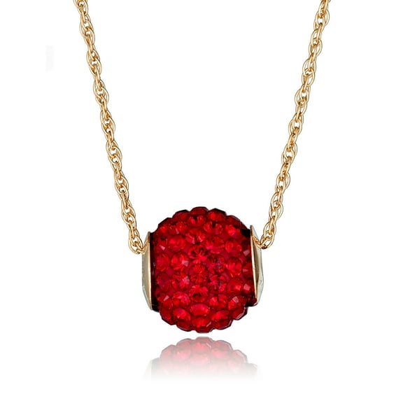 AVORA 10K Yellow Gold Red Crystal Slide Ball Pendant Necklace with 18" Chain