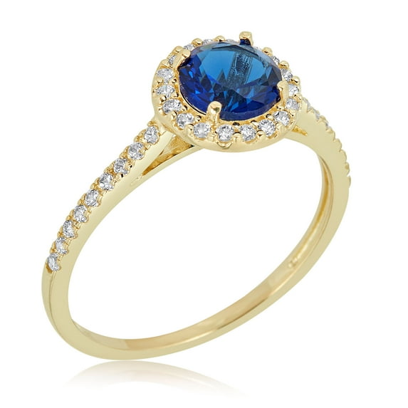 AVORA 10K Yellow Gold September Birthstone- Blue Sapphire with Simulated Diamond CZ Halo Fashion Ring - Size 6