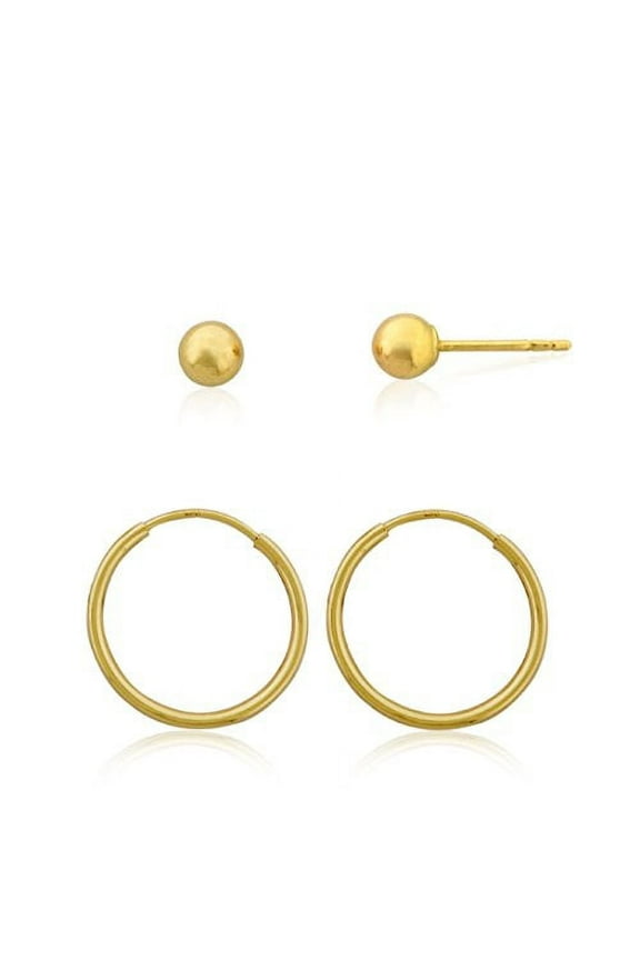 AVORA 10K Yellow Gold Set of Polished Ball and Hoop Earrings