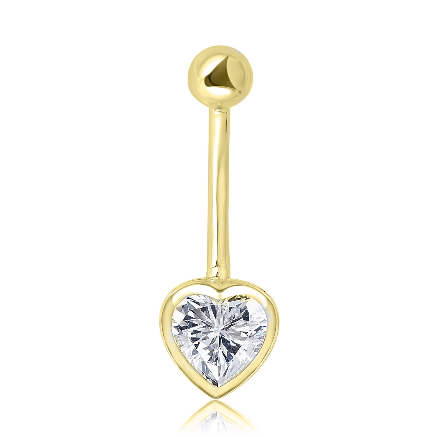 AVORA 10K Yellow Gold Simulated Diamond CZ Bezel Heart Belly Button Ring Body Jewelry (14 Gauge)