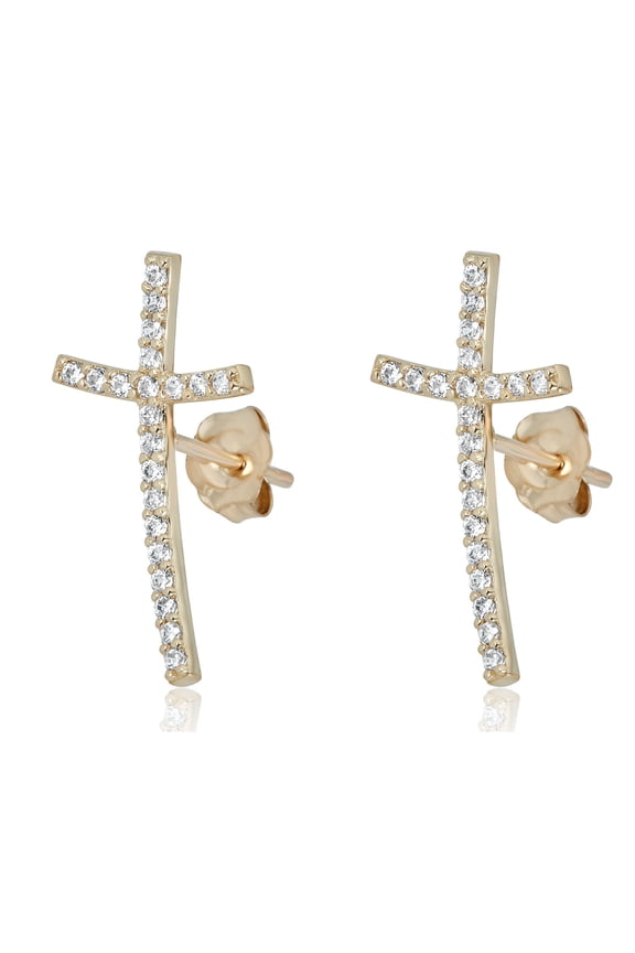 AVORA 10K Yellow Gold Simulated Diamond CZ Cross Crawler Climber Earrings