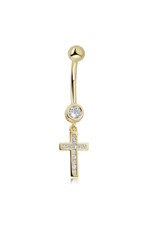 AVORA 10K Yellow Gold Simulated Diamond CZ Cross Dangling Belly Button Ring Body Jewelry (14 Gauge)