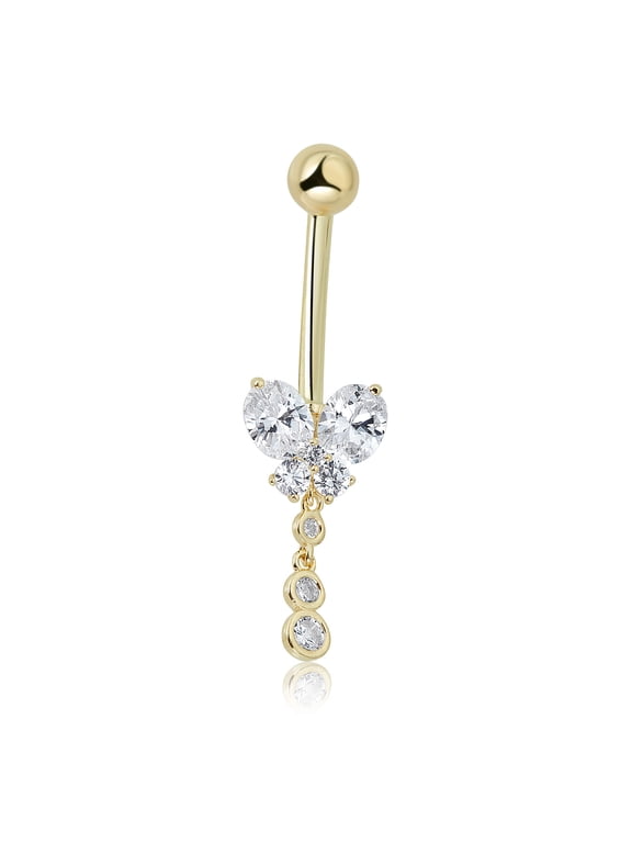 AVORA 10K Yellow Gold Simulated Diamond CZ Dangling Butterfly Belly Button Ring Body Jewelry (14 Gauge)