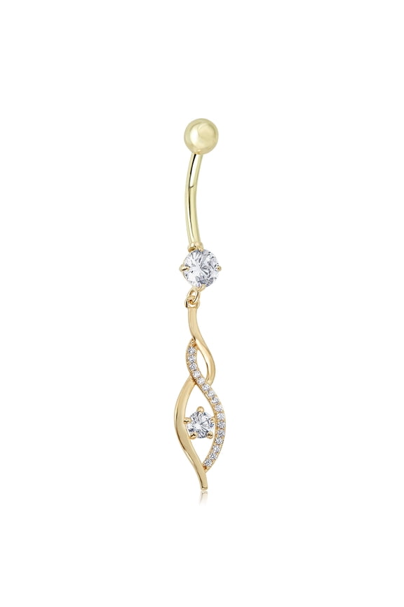 AVORA 10K Yellow Gold Simulated Diamond CZ Dangling Flame Belly Button Ring Body Jewelry (14 Gauge)