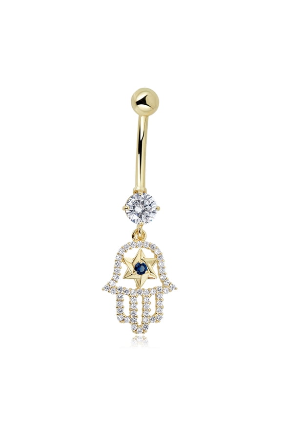 AVORA 10K Yellow Gold Simulated Diamond CZ Dangling Hamsa Belly Button Ring Body Jewelry (14 Gauge)