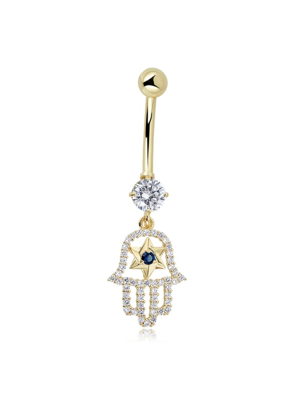 AVORA 10K Yellow Gold Simulated Diamond CZ Dangling Hamsa Belly Button Ring Body Jewelry (14 Gauge)
