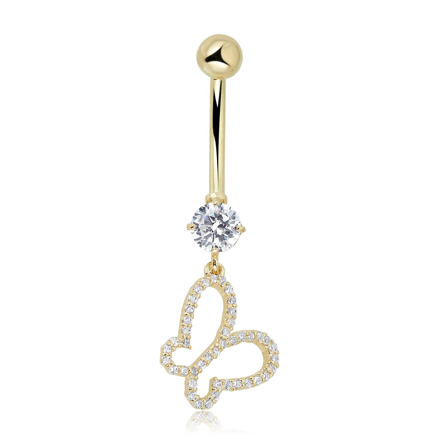 AVORA 10K Yellow Gold Simulated Diamond CZ Dangling Open Butterfly Belly Button Ring Body Jewelry (14 Gauge)
