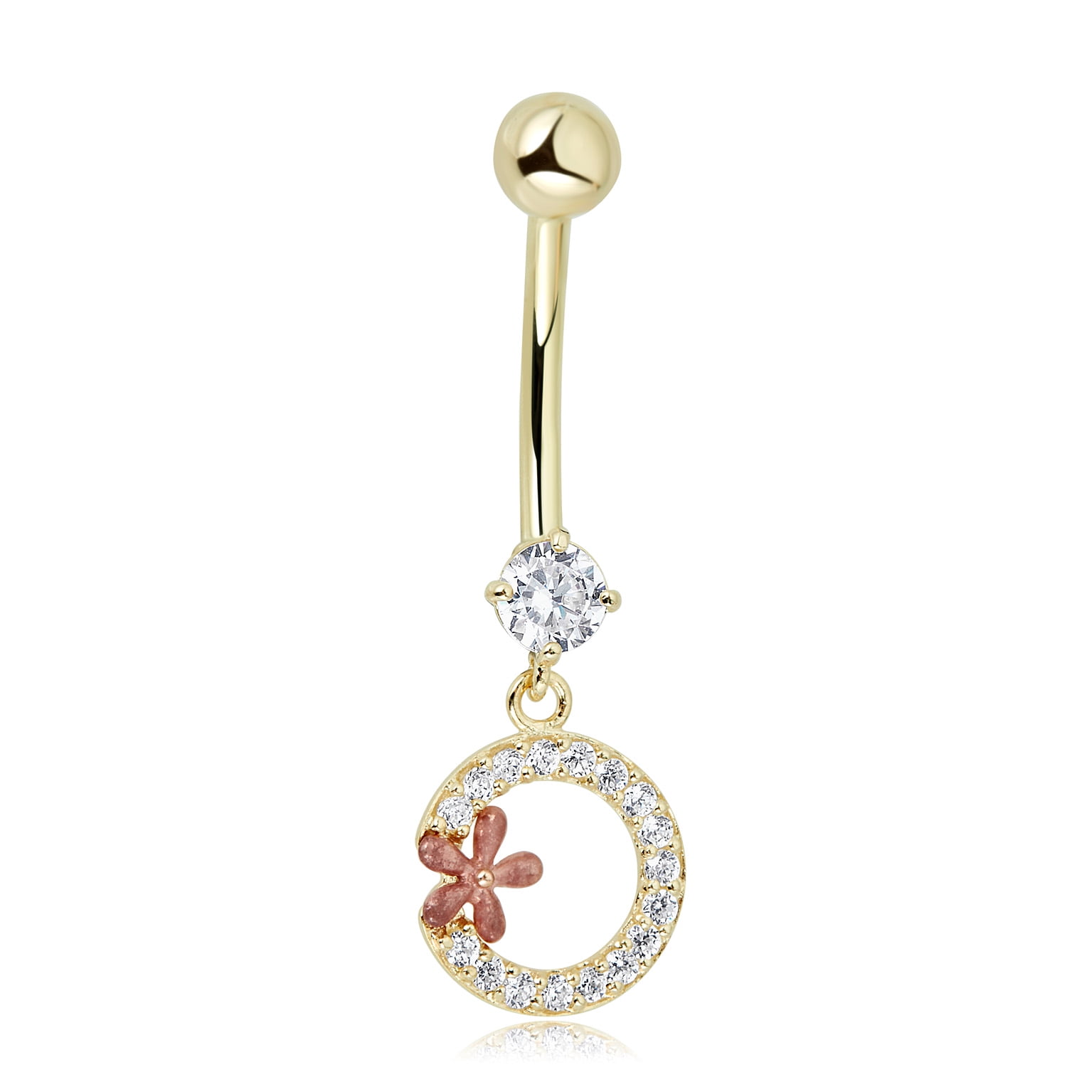 AVORA 10K Yellow Gold Simulated Diamond CZ Dangling Open-Circle and Flower Belly Button Ring Body Jewelry (14 Gauge)