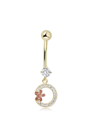 AVORA 10K Yellow Gold Simulated Diamond CZ Dangling Open-Circle and Flower Belly Button Ring Body Jewelry (14 Gauge)