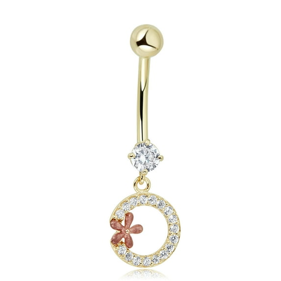 AVORA 10K Yellow Gold Simulated Diamond CZ Dangling Open-Circle and Flower Belly Button Ring Body Jewelry (14 Gauge)