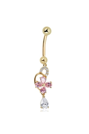 AVORA 10K Yellow Gold Simulated Diamond CZ Dangling Pink Flower Belly Button Ring Body Jewelry (14 Gauge)