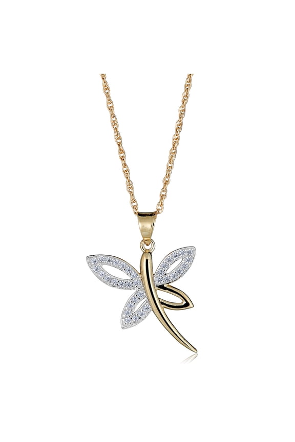 AVORA 10K Yellow Gold Simulated Diamond CZ Dragonfly Pendant Necklace with 18" Chain