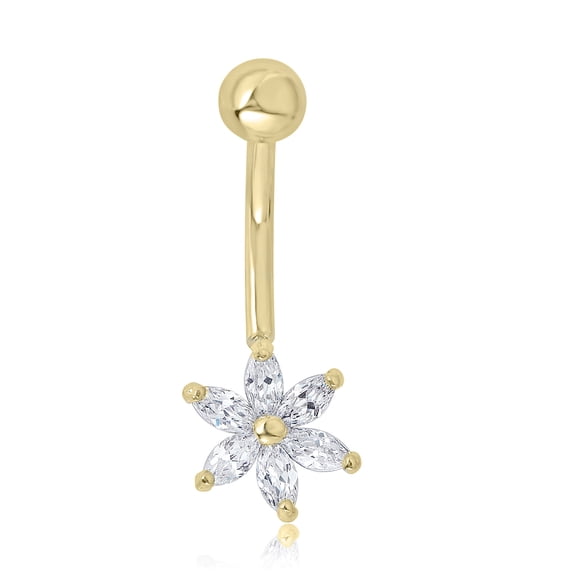 AVORA 10K Yellow Gold Simulated Diamond CZ Floral Belly Button Ring Body Jewelry (14 Gauge)