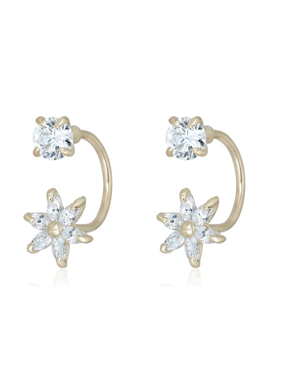 AVORA 10K Yellow Gold Simulated Diamond CZ Flower Drop Jacket Earrings