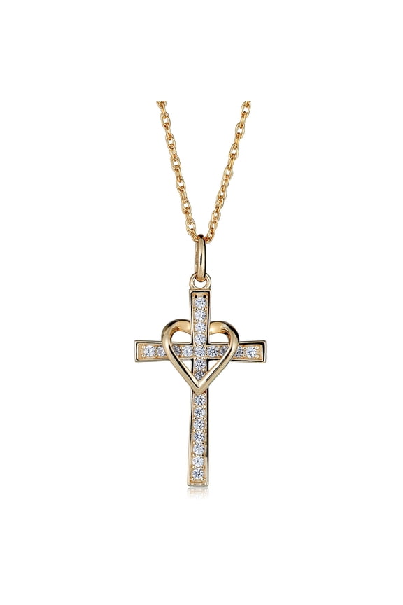 AVORA 10K Yellow Gold Simulated Diamond CZ Heart and Cross Pendant Necklace with 18" Chain